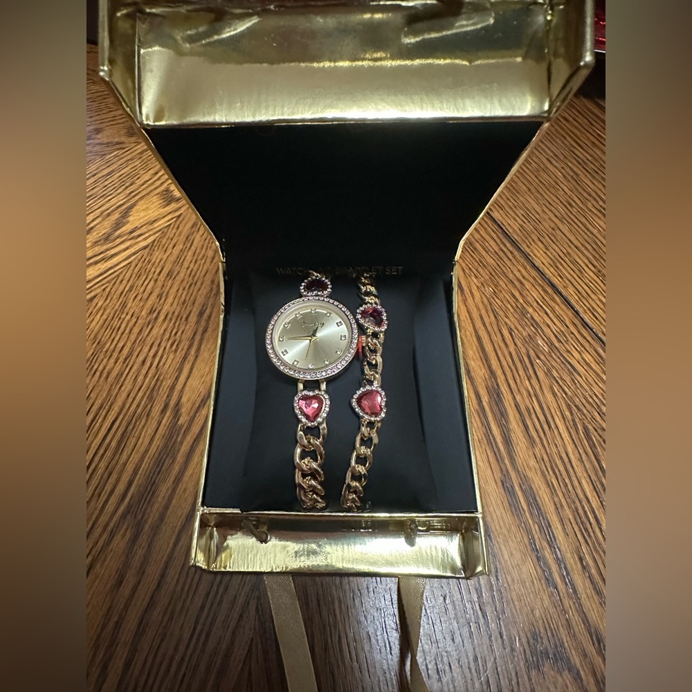 Gold and Pink Women's Watch and Bracelet Set